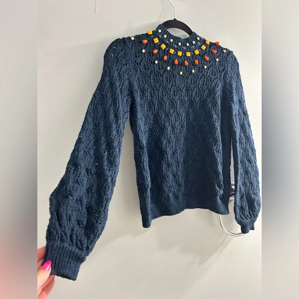 Sezane Dark Blue Sweater with Bright Accents - Picture 2 of 8